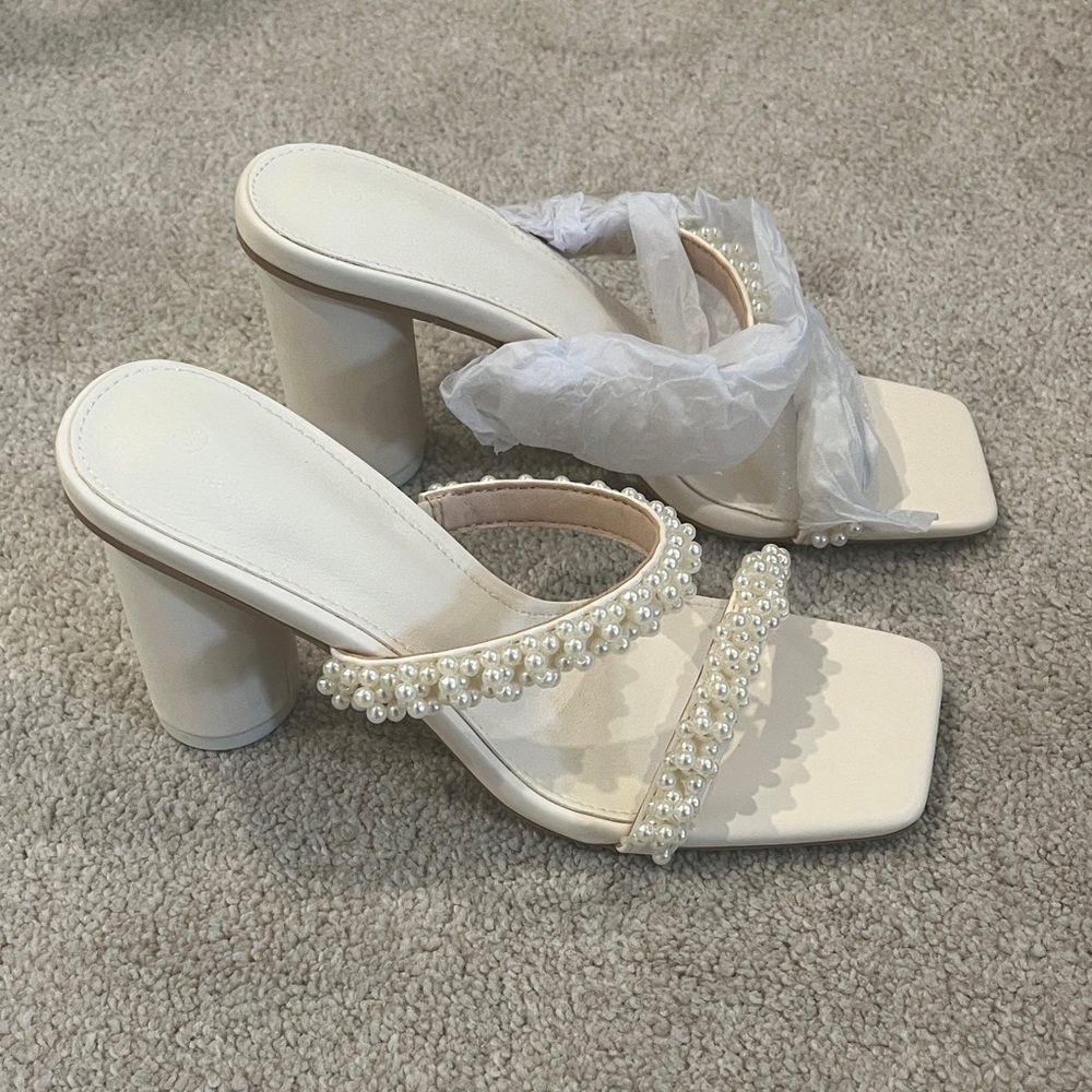 Womens Chunky Heeled Sandals Pearl Strappy Open Square Toe Slip-on Block Heels
